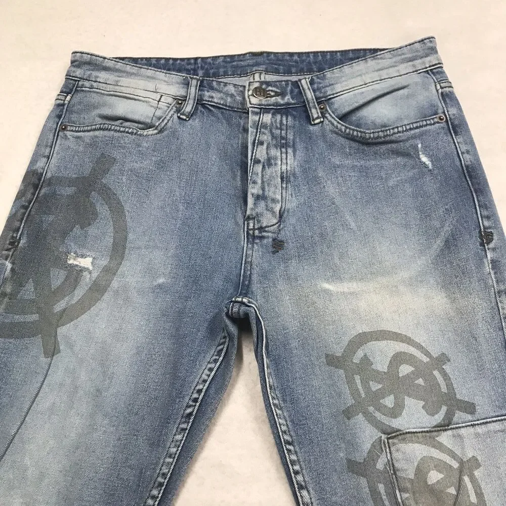 KSUBI Van Winkle Dollar Print Jeans Men 33x32 Light Wash Distressed Stretch Slim